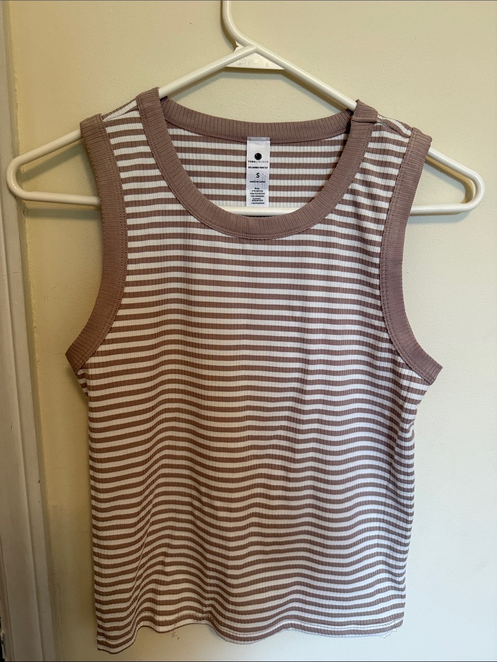 Yogalicious Taupe and White Striped Ribbed Tank Top